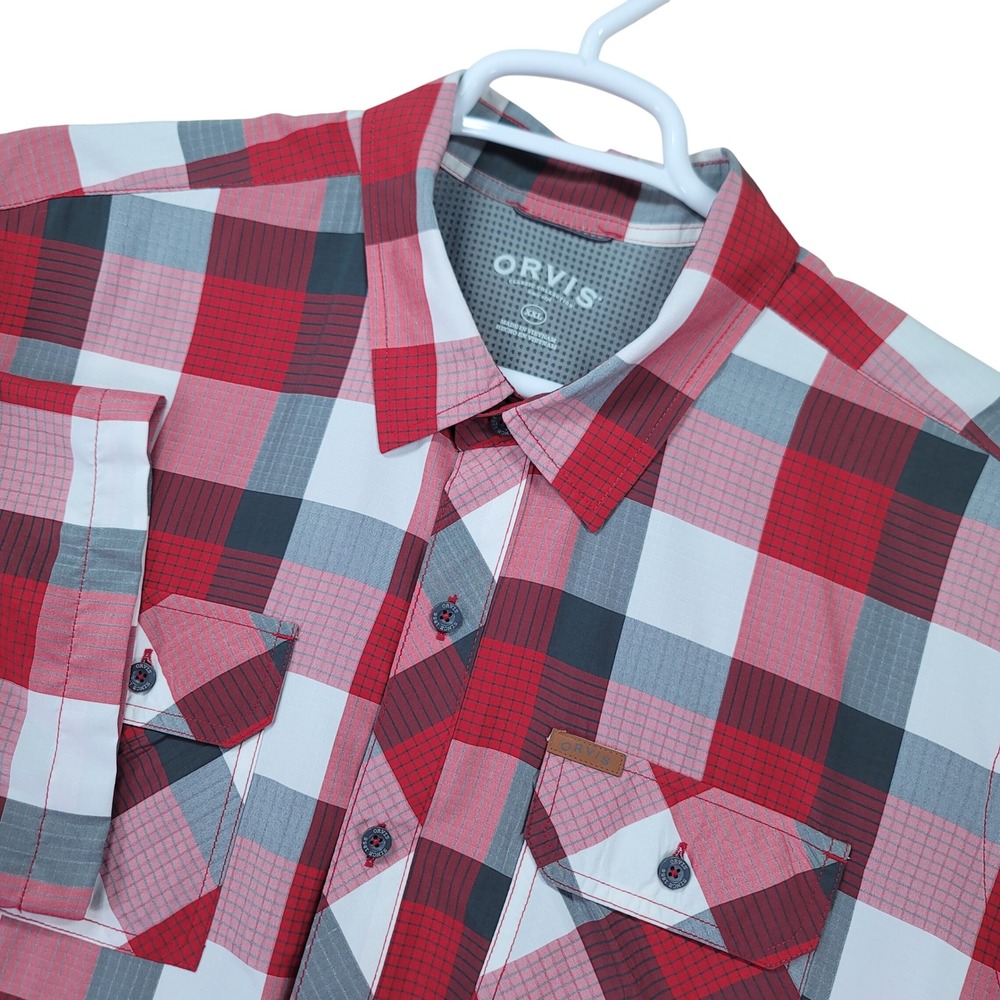 Orvis Mens XXL Short Sleeve Plaid Ripstop Button Down Shirt Red Grey 1183723
